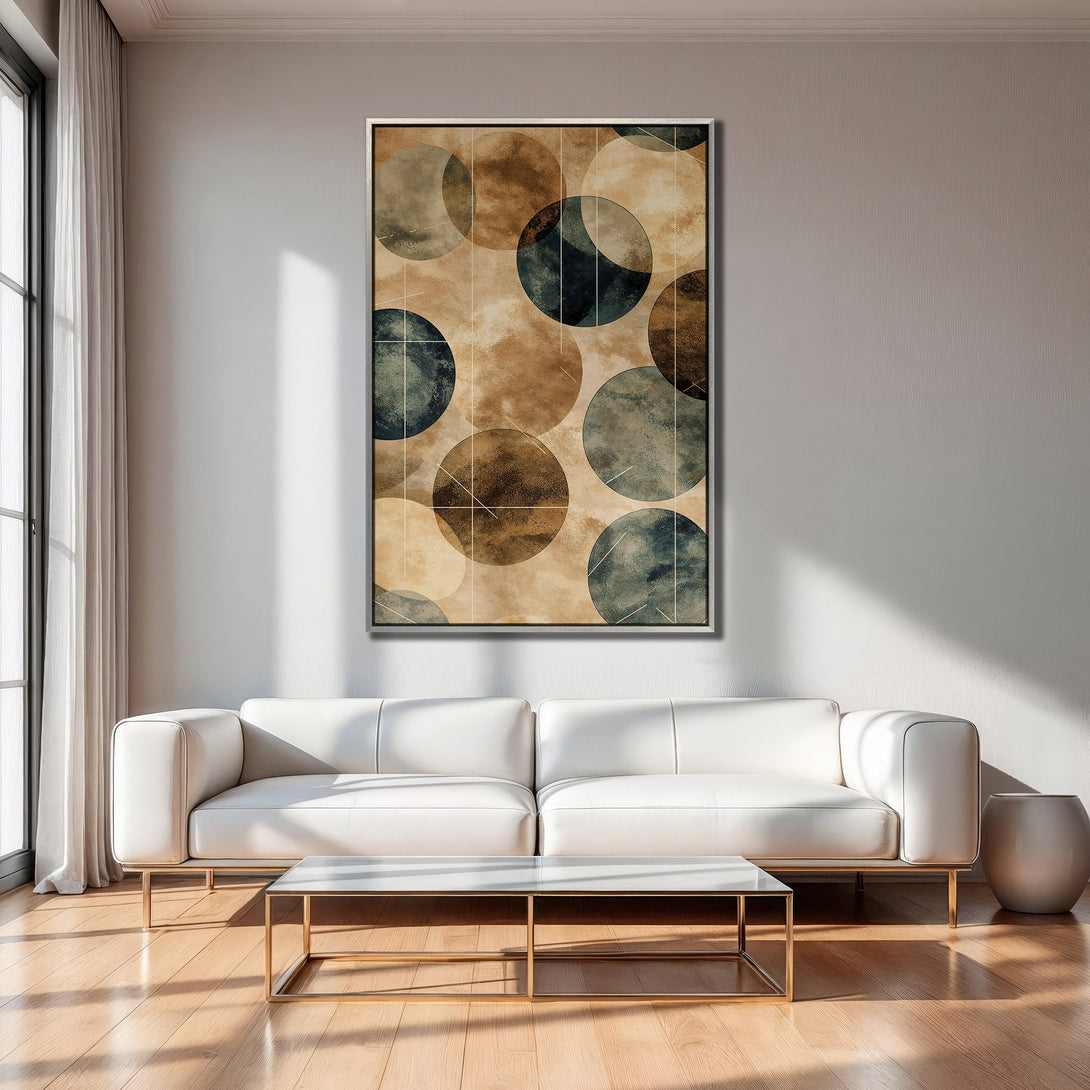 Framed Wall Art: Abstract circle design in warm earth tones and teal. Modern Canvas Print adds a stylish touch to any living room.