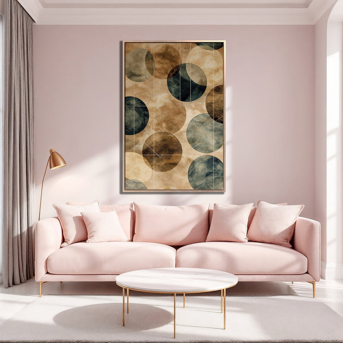 Framed Wall Art: Abstract circle design in neutral tones. Modern canvas print with a warm, inviting color palette for stylish home decor.