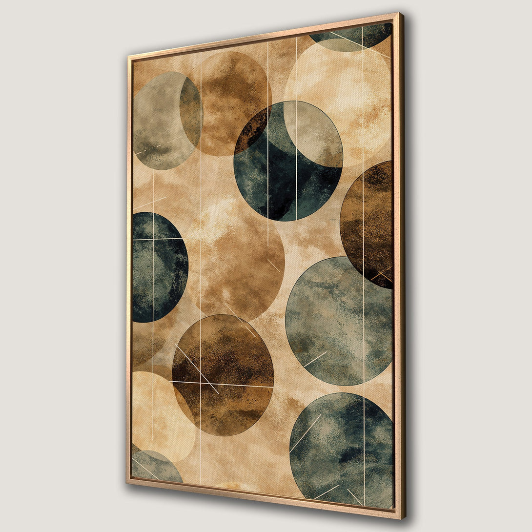 Framed Wall Art featuring abstract circles in earthy tones of brown, beige, and teal. Modern art print perfect for adding a touch of elegance to any space.