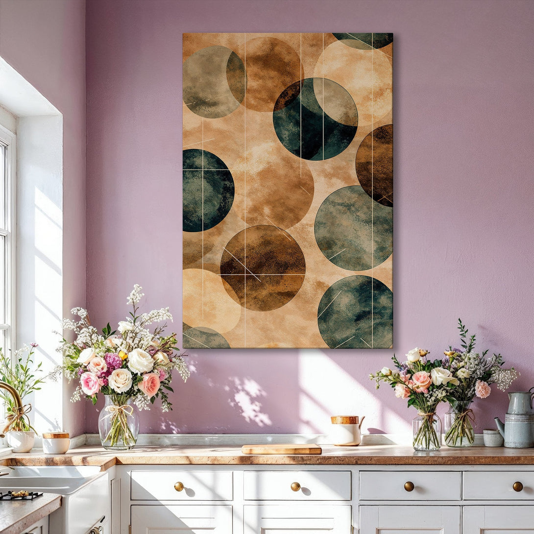 Framed Wall Art featuring an abstract geometric design in earthy tones of brown, beige, and teal. Modern art perfect for living room decor.