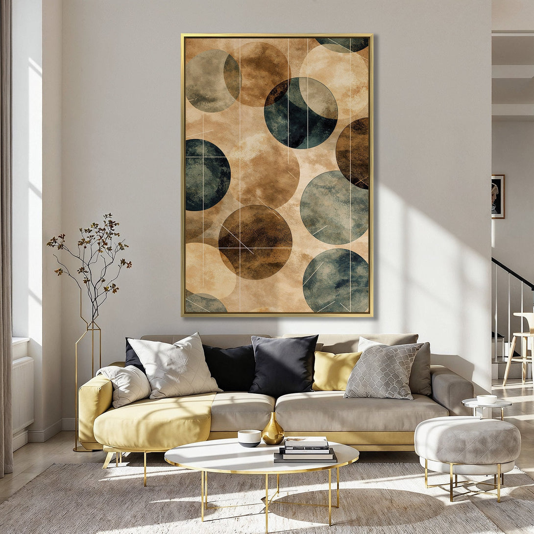 Canvas Print featuring abstract circles in earthy tones, displayed in a stylish kitchen. Modern art with a warm, inviting color palette.