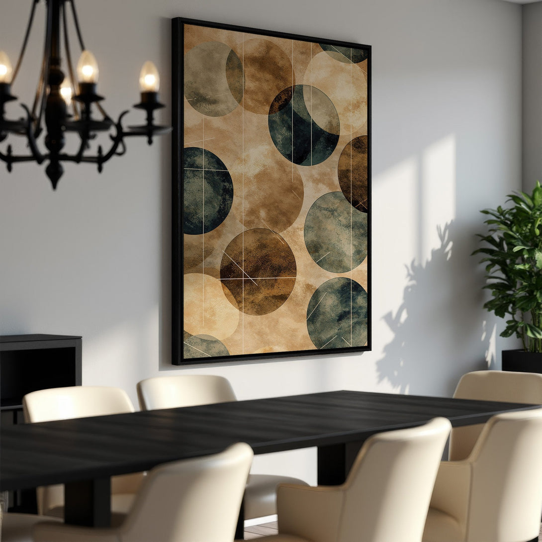 Framed Wall Art featuring abstract geometric circles in earthy tones. Modern canvas print adds a touch of elegance to any dining room.