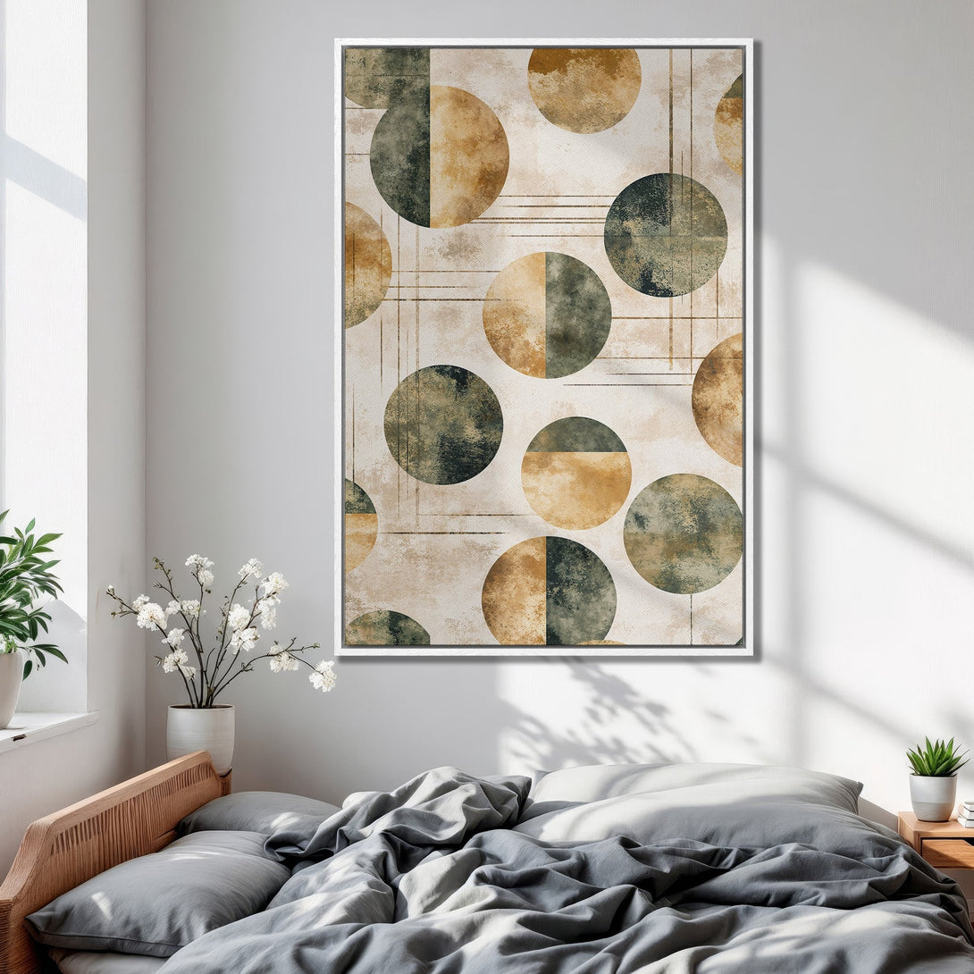 Framed Wall Art featuring abstract geometric circles in earthy tones. Modern art canvas print adds warmth and style to any bedroom decor.