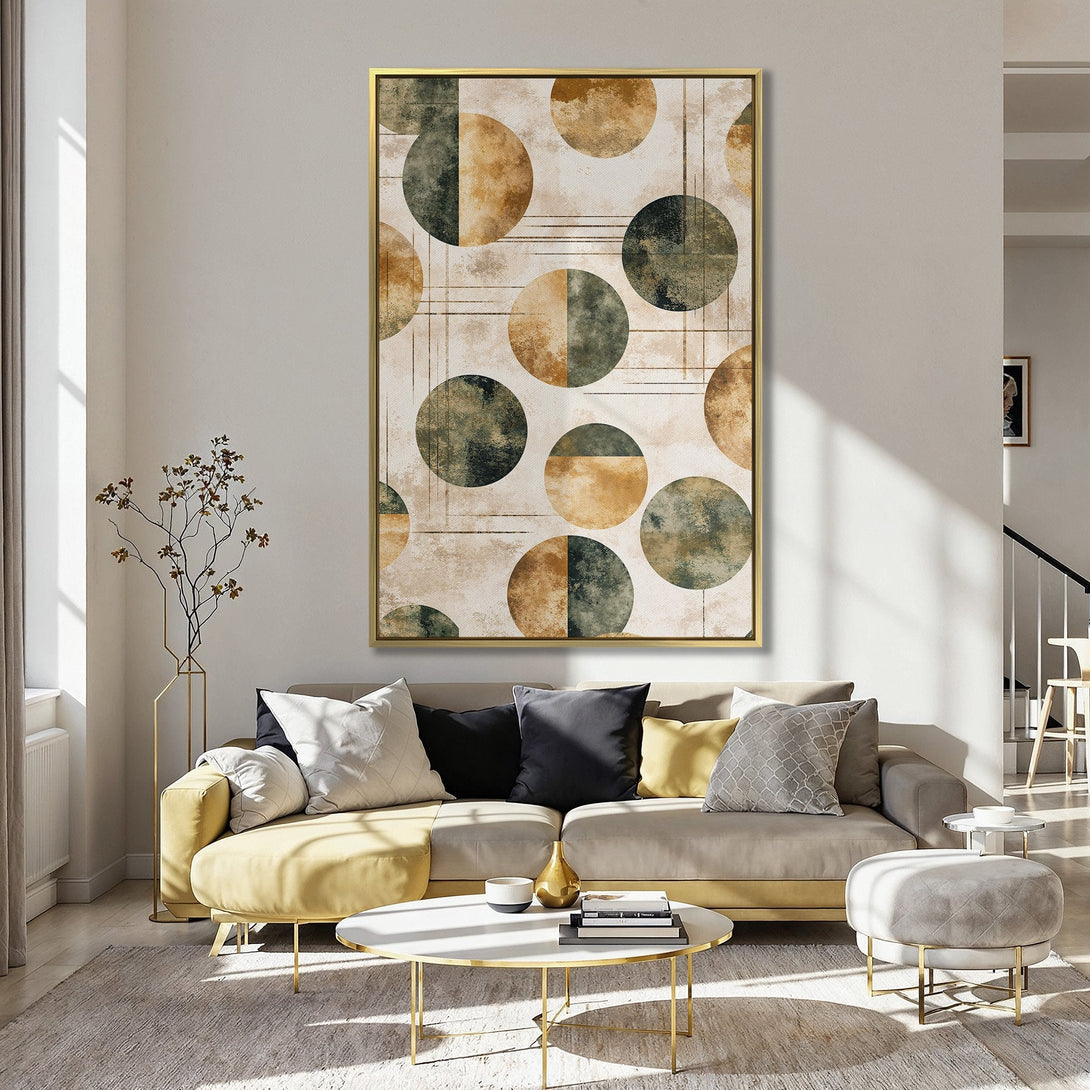 Abstract Canvas Print with geometric circles in earthy tones of brown and green, displayed in a stylish kitchen.