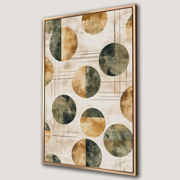 Framed Wall Art featuring abstract geometric circles in earthy tones. Modern canvas print with a neutral color palette, perfect for any decor style.