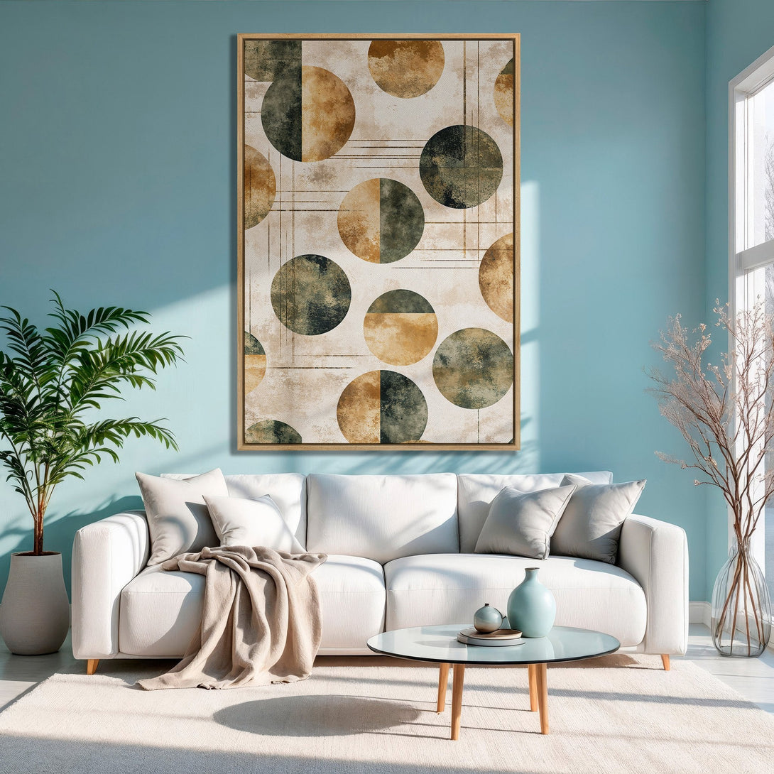 Framed Wall Art featuring an abstract geometric design in earthy tones. Modern canvas print adds a stylish touch to any living room.