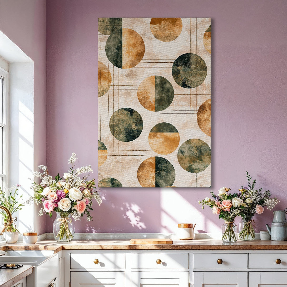 Framed Wall Art: Abstract geometric art with circles in earthy tones of green, brown, and beige. Perfect for modern living room decor.