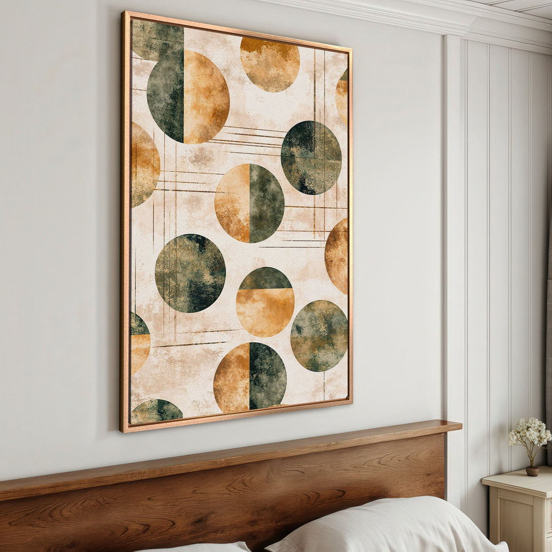 Framed Wall Art featuring abstract geometric circles in earthy tones. Modern decor for your bedroom. Shop our Canvas Print collection today!