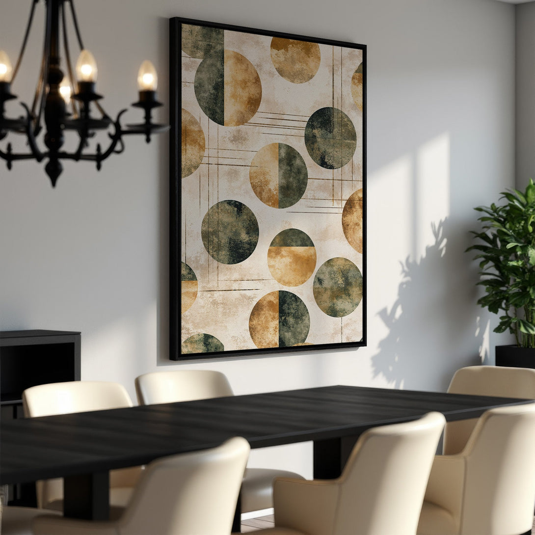Framed Wall Art featuring abstract geometric circles in a neutral color palette, perfect for modern dining room decor.