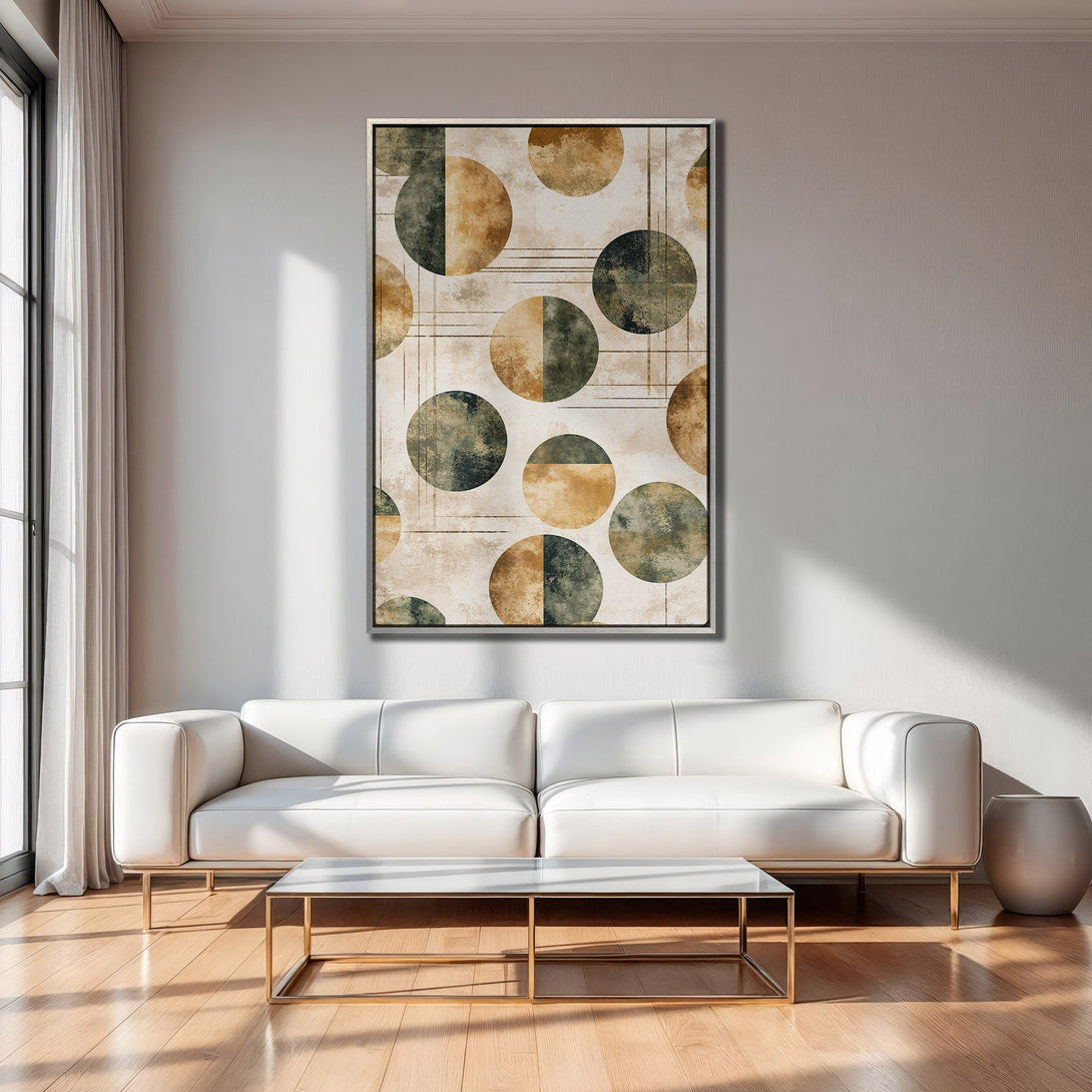 Framed Wall Art featuring abstract geometric circles in a neutral color palette. Perfect for modern living rooms. Shop now!