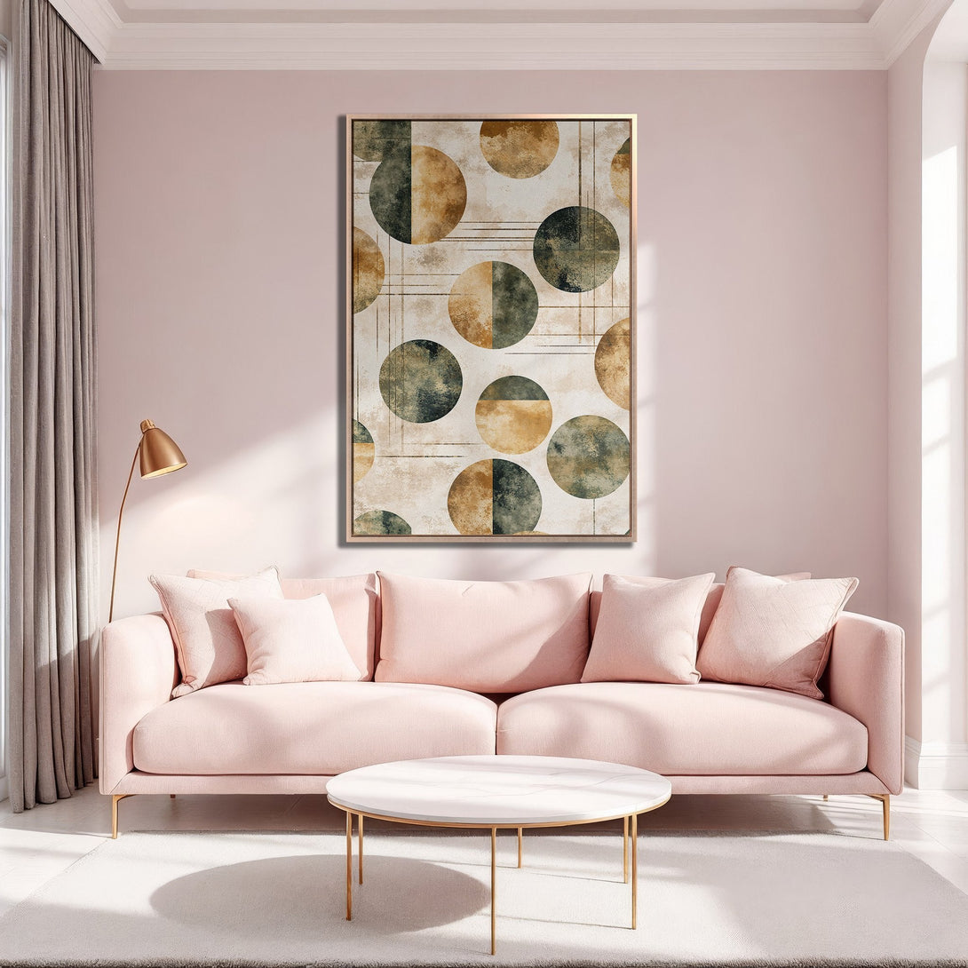 Framed Wall Art featuring abstract geometric circles in neutral tones. Modern art with a warm, inviting color palette, perfect for any living room.
