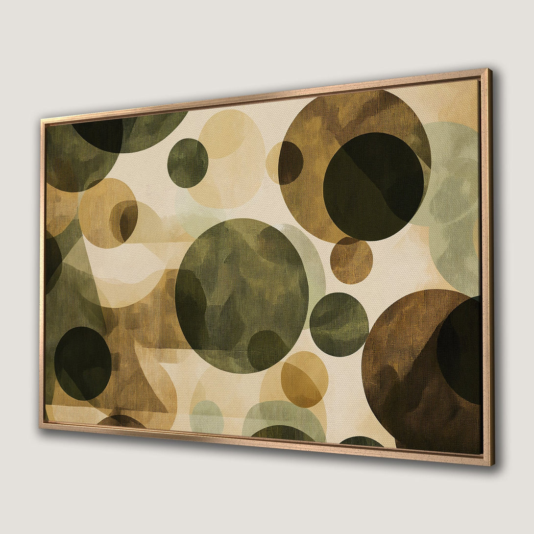 Framed Wall Art featuring a modern abstract design of overlapping circles in earthy green and gold tones. Perfect for any interior!