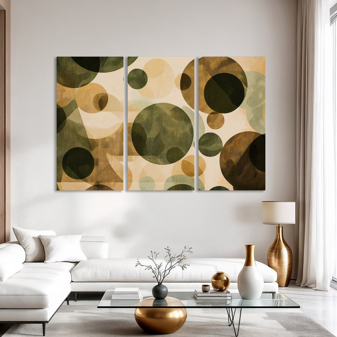 Abstract Canvas Print with overlapping circles in earthy tones of green, brown, and beige, perfect for modern interior design.