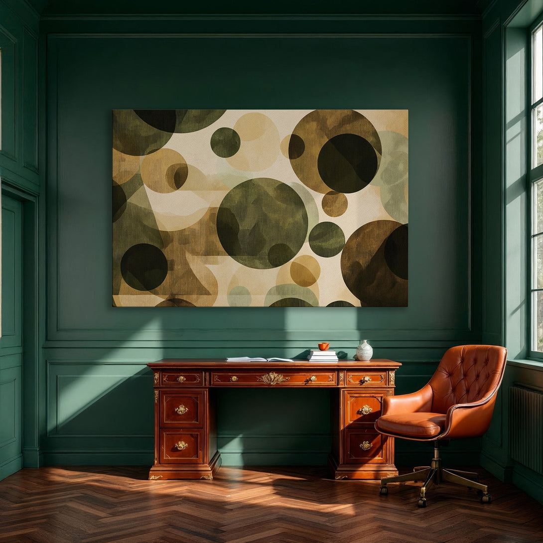 Framed Wall Art: Abstract geometric circles in earthy tones. Modern art canvas print adds a touch of elegance to any dining room.