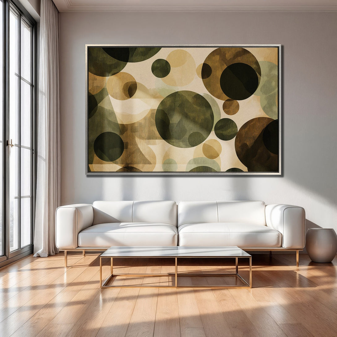 Framed Wall Art: Abstract geometric circles in olive green and beige tones, adding modern style to a living room interior.