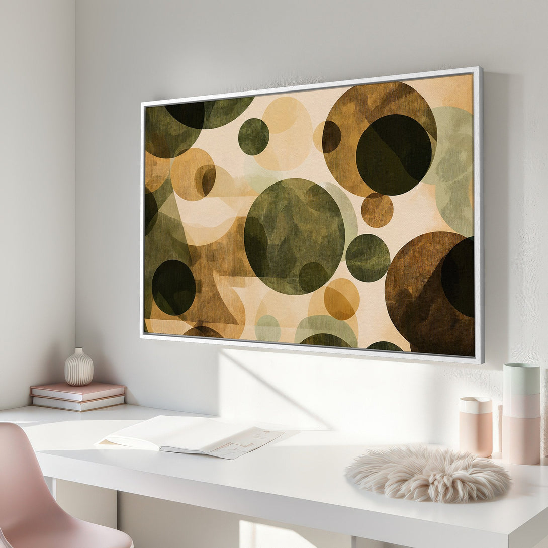 Framed Wall Art featuring abstract geometric circles in earthy green and brown tones. Modern canvas print for living room or office decor.
