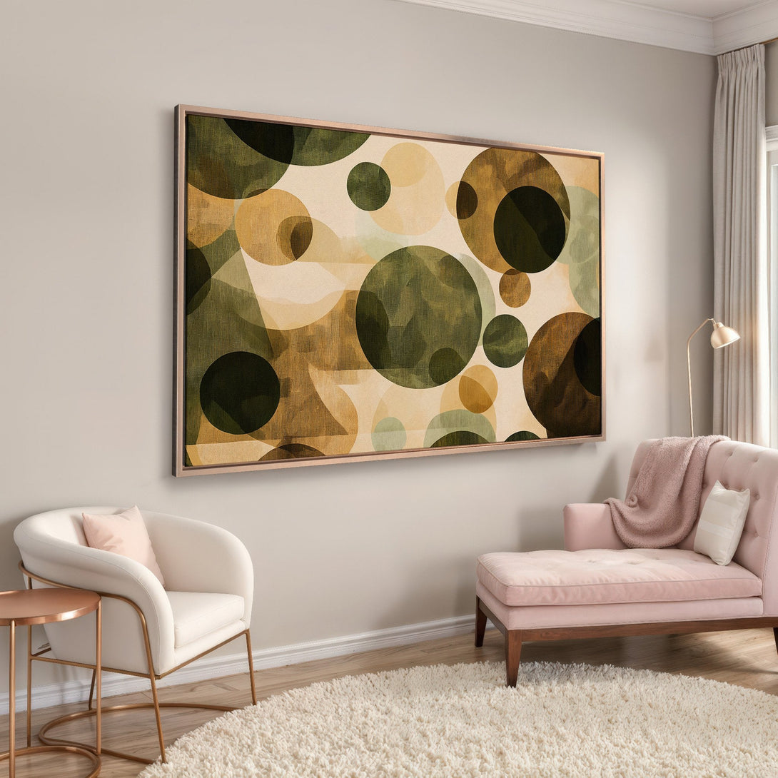 Framed Wall Art: Abstract circle design in earthy tones of green, gold, and beige. Modern canvas print adds a stylish touch to any interior.
