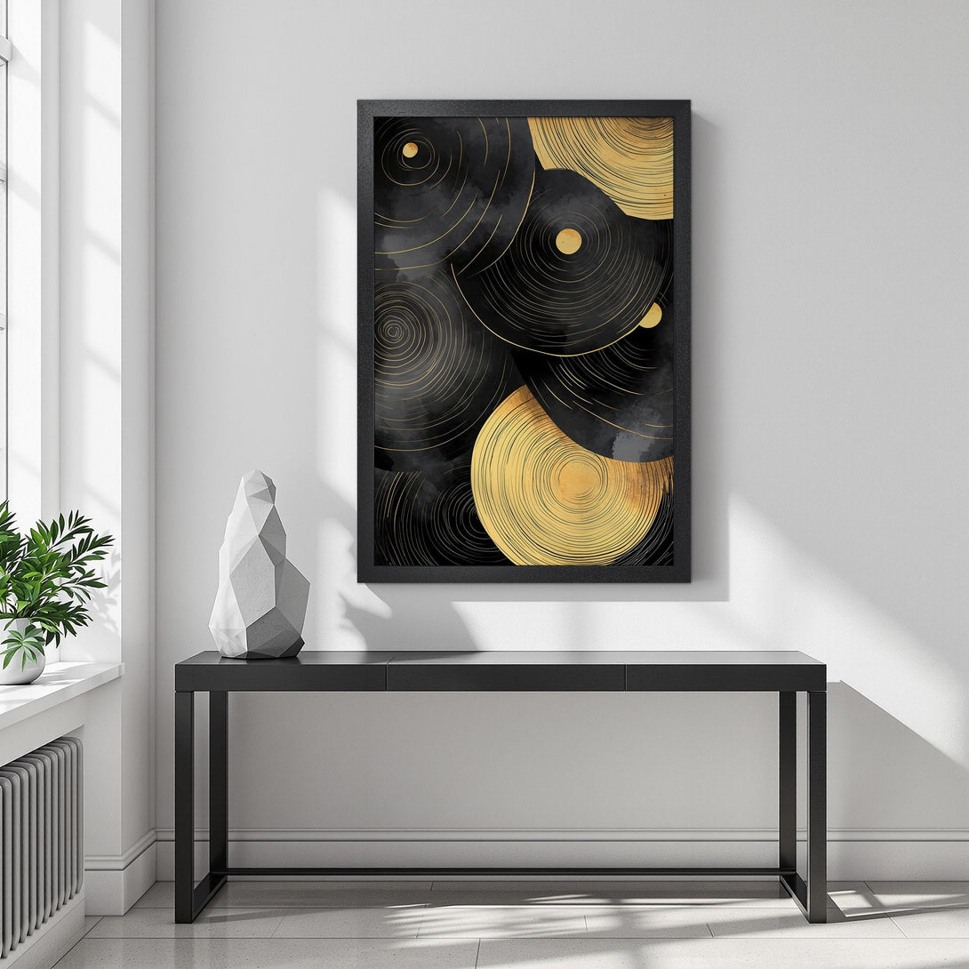 Framed Poster featuring abstract gold and black art. Modern style, perfect for home decor.