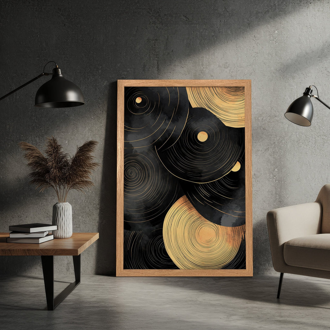 Framed Poster featuring abstract black and gold art. Modern style, perfect for home decor. Shop now!
