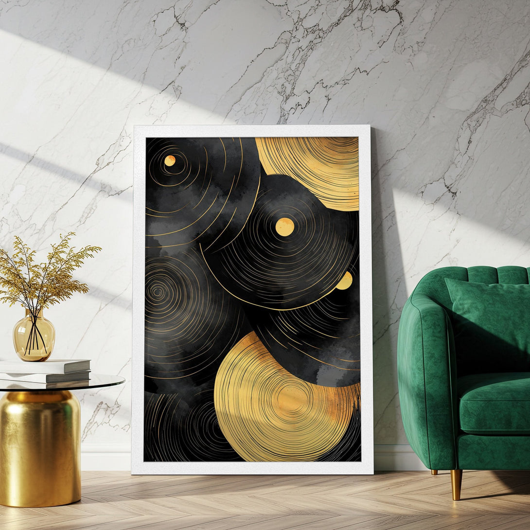 Framed Poster featuring abstract gold and black circles. Modern art print with a luxurious color palette. Perfect wall decor.
