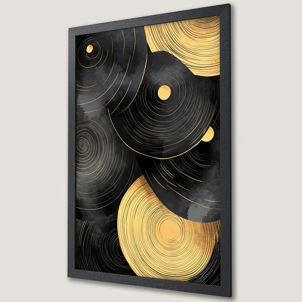 Framed Poster featuring abstract gold and black concentric circles art. Modern wall decor in a sophisticated color palette.