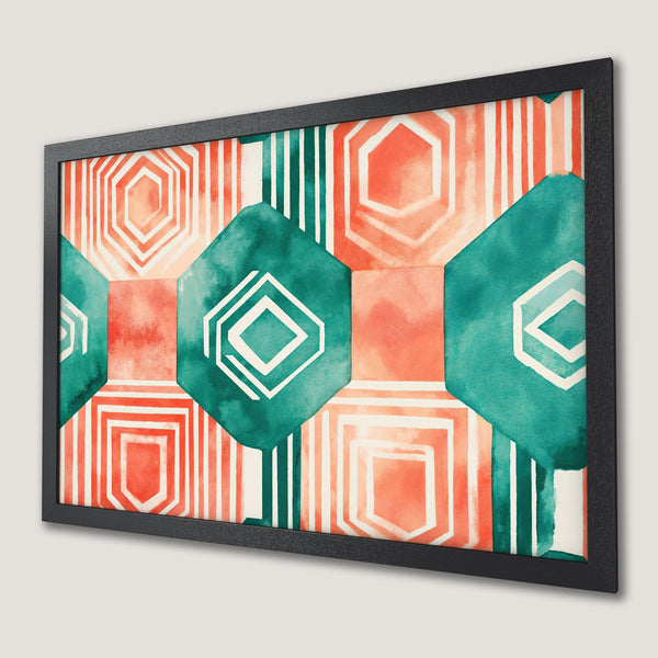 Framed Poster featuring a geometric watercolor design in teal, coral, and white. Modern art for home decor.