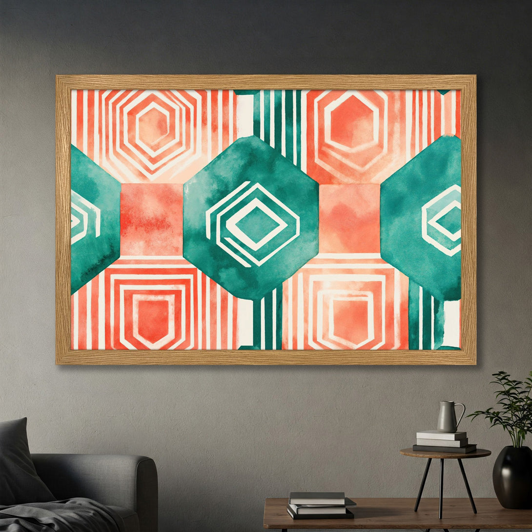 Framed Poster with geometric watercolor design in teal, coral, and white. Modern art for your home decor.