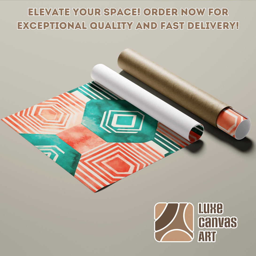 Geometric Poster Roll in teal, coral, and white. Modern art print for your home.
