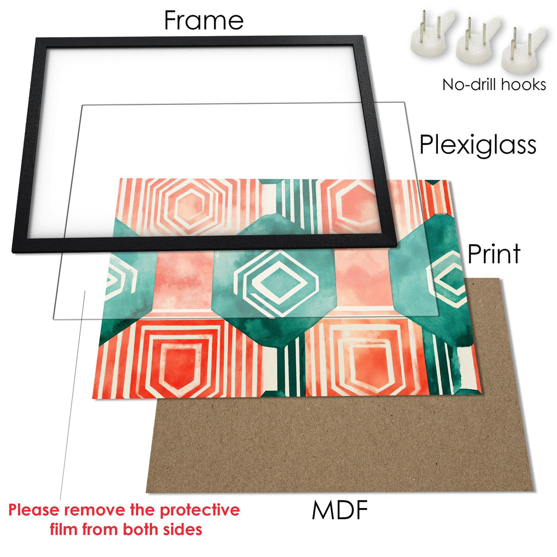 Framed Poster with geometric design in coral and teal. Modern art print for your home decor.