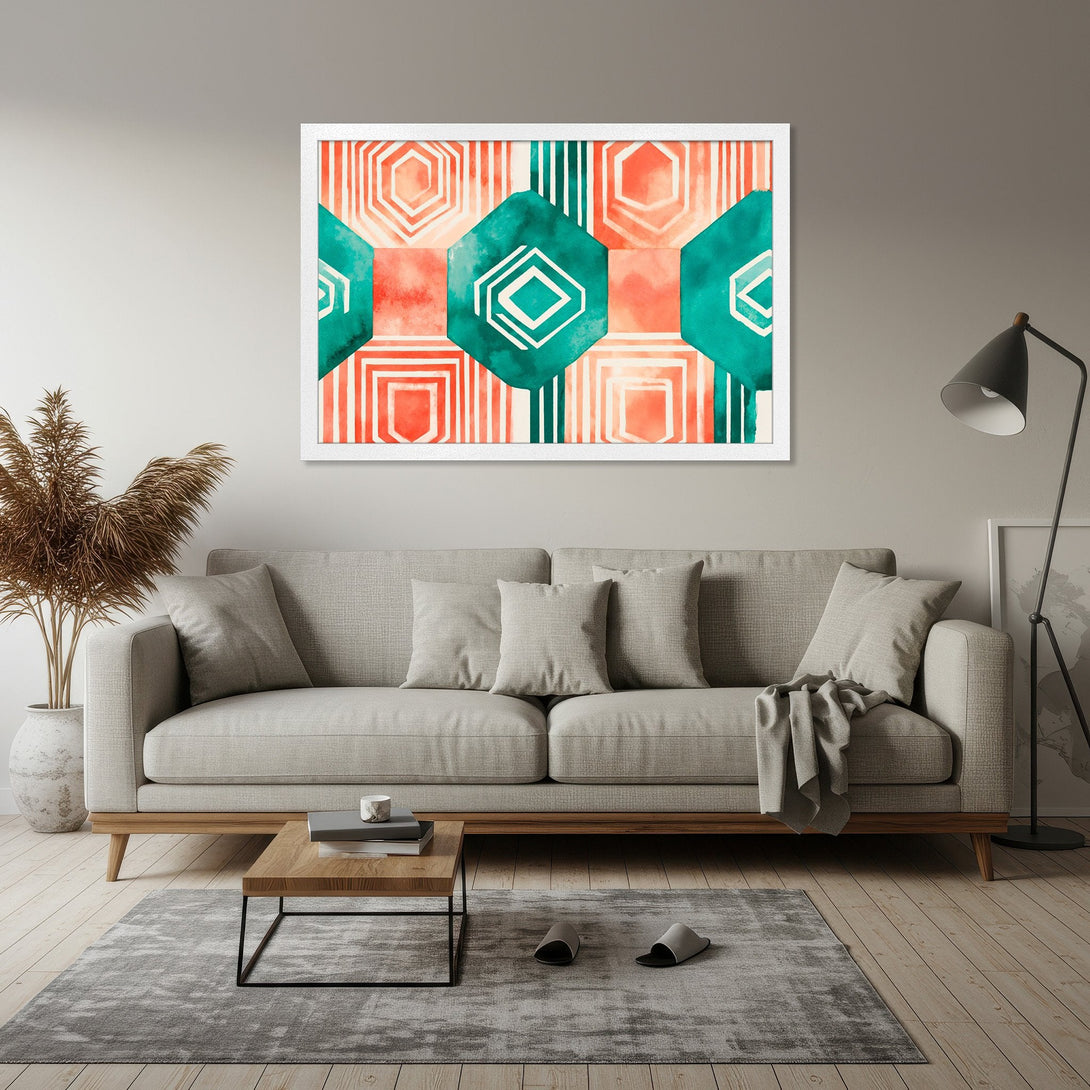 Framed Poster featuring an abstract geometric design in teal and coral. Modern art style, perfect for home decor.