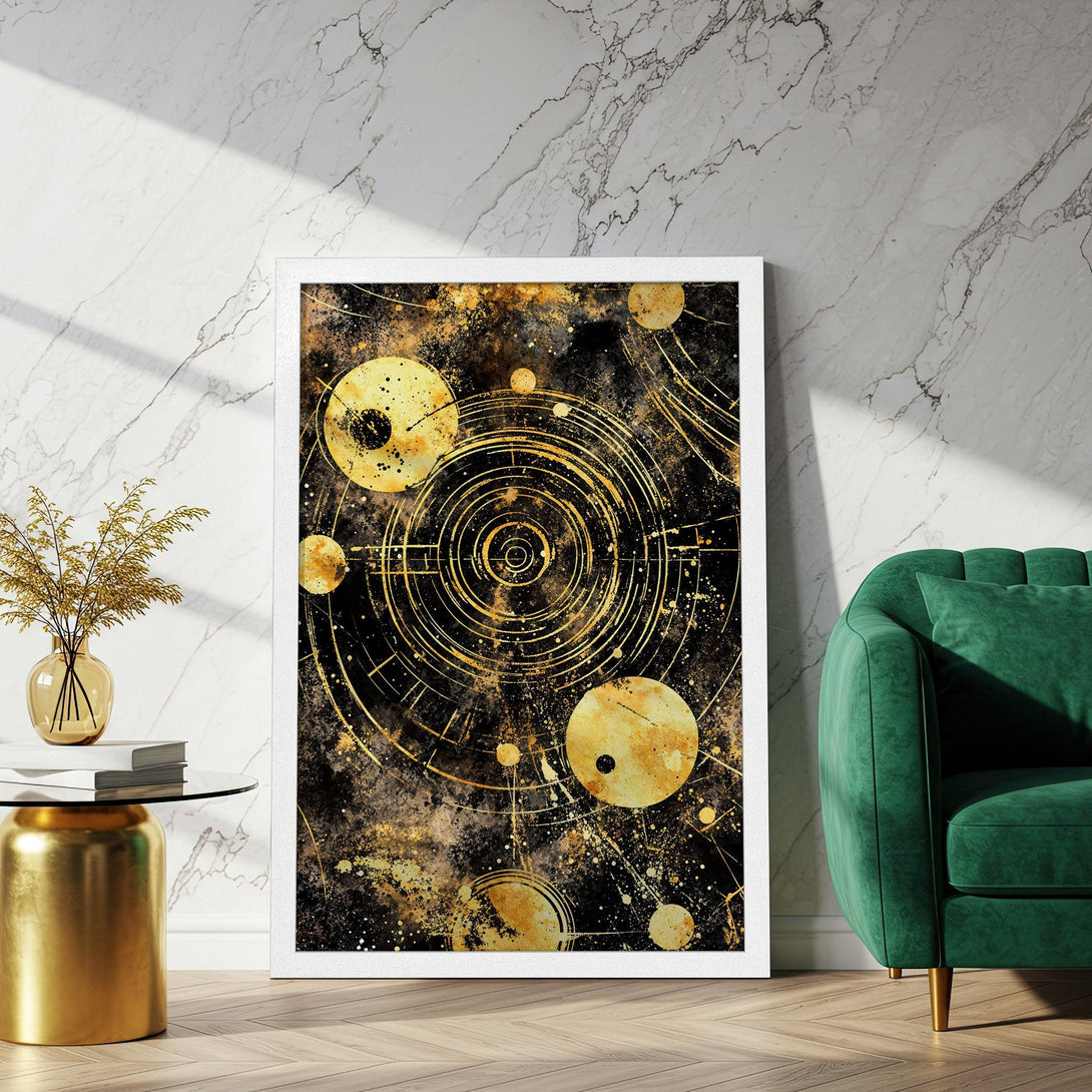 Framed Poster featuring an abstract celestial design in gold and black, perfect for modern home decor.