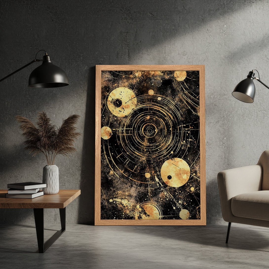 Framed Poster featuring a cosmic abstract design in gold and black. Modern art print perfect for home decor.
