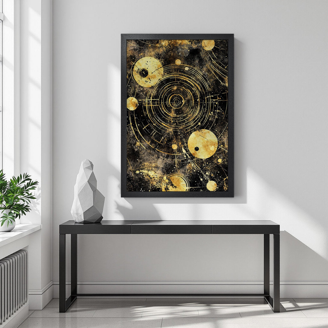 Framed Poster featuring abstract gold and black art. Modern style, perfect for adding sophistication to any space.