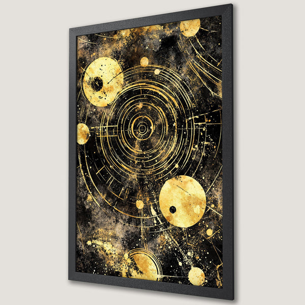 Framed Poster featuring an abstract gold and black design. Modern art style with a cosmic, celestial theme. Perfect wall decor.