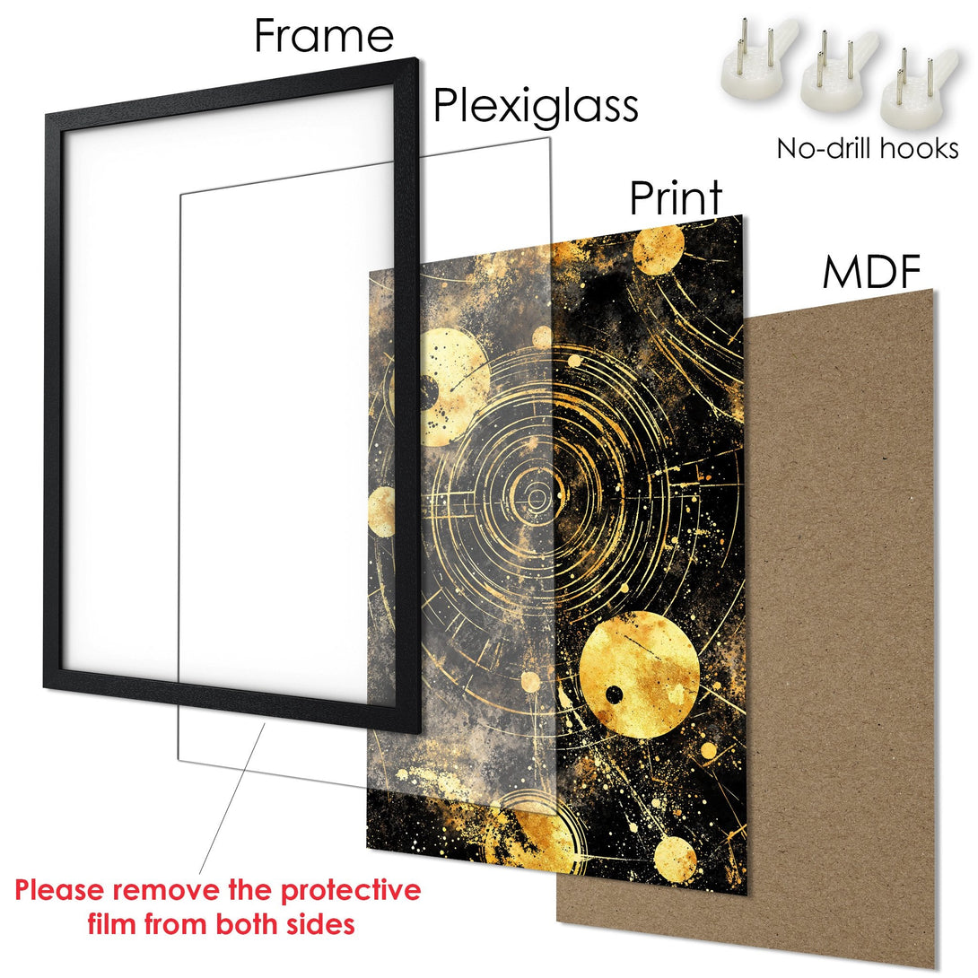 Framed Poster featuring an abstract celestial design in gold and black. Modern art print ready to hang.