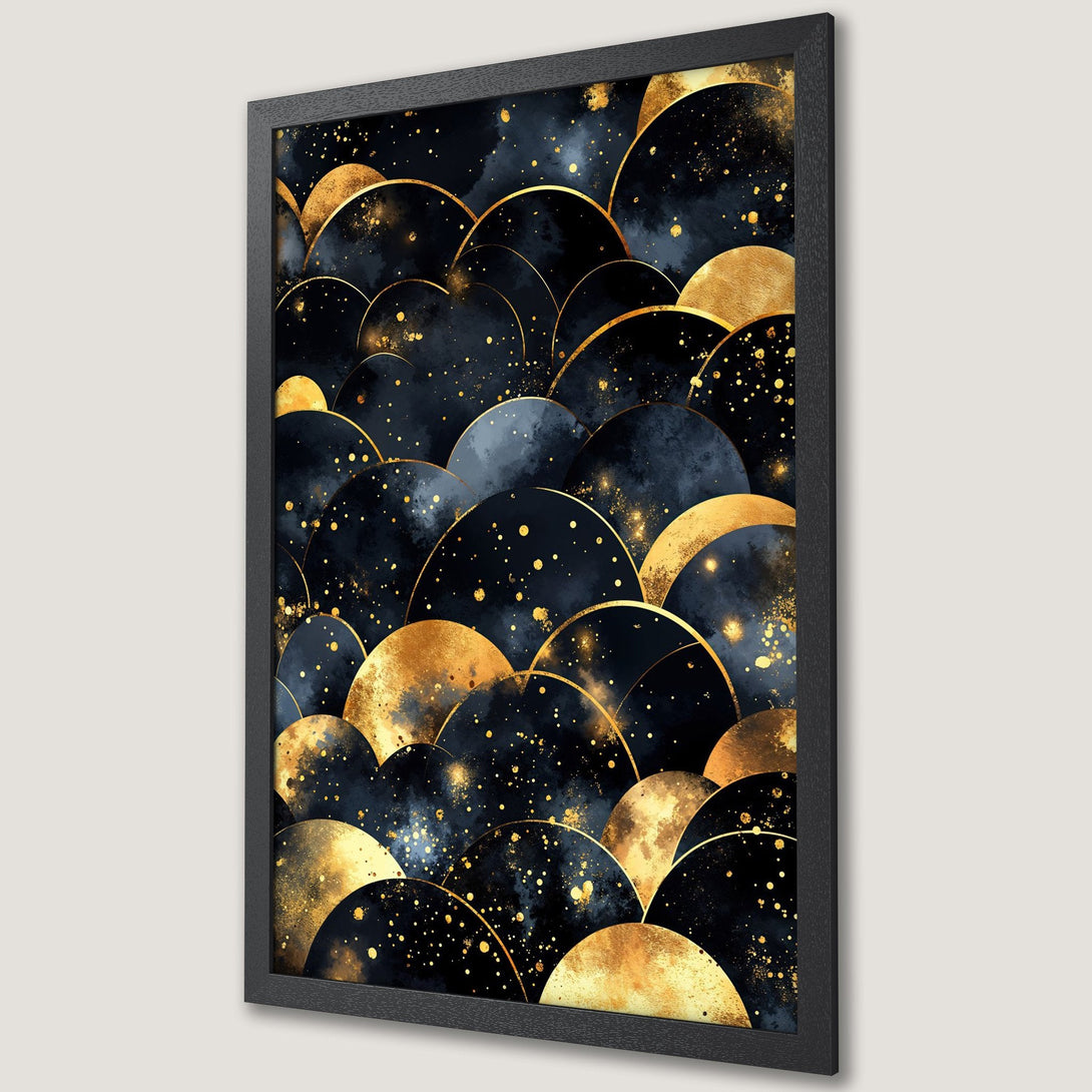 Framed Poster featuring abstract gold and navy design. Modern art style with a luxurious color palette. Perfect wall decor.