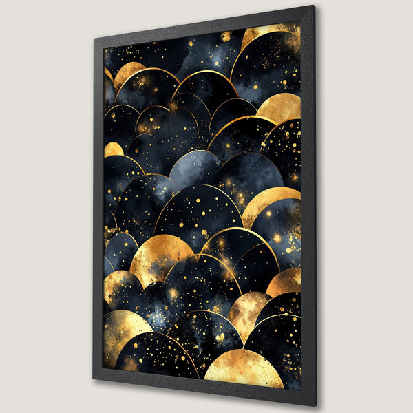 Framed Poster featuring abstract gold and navy design. Modern art style with a luxurious color palette. Perfect wall decor.
