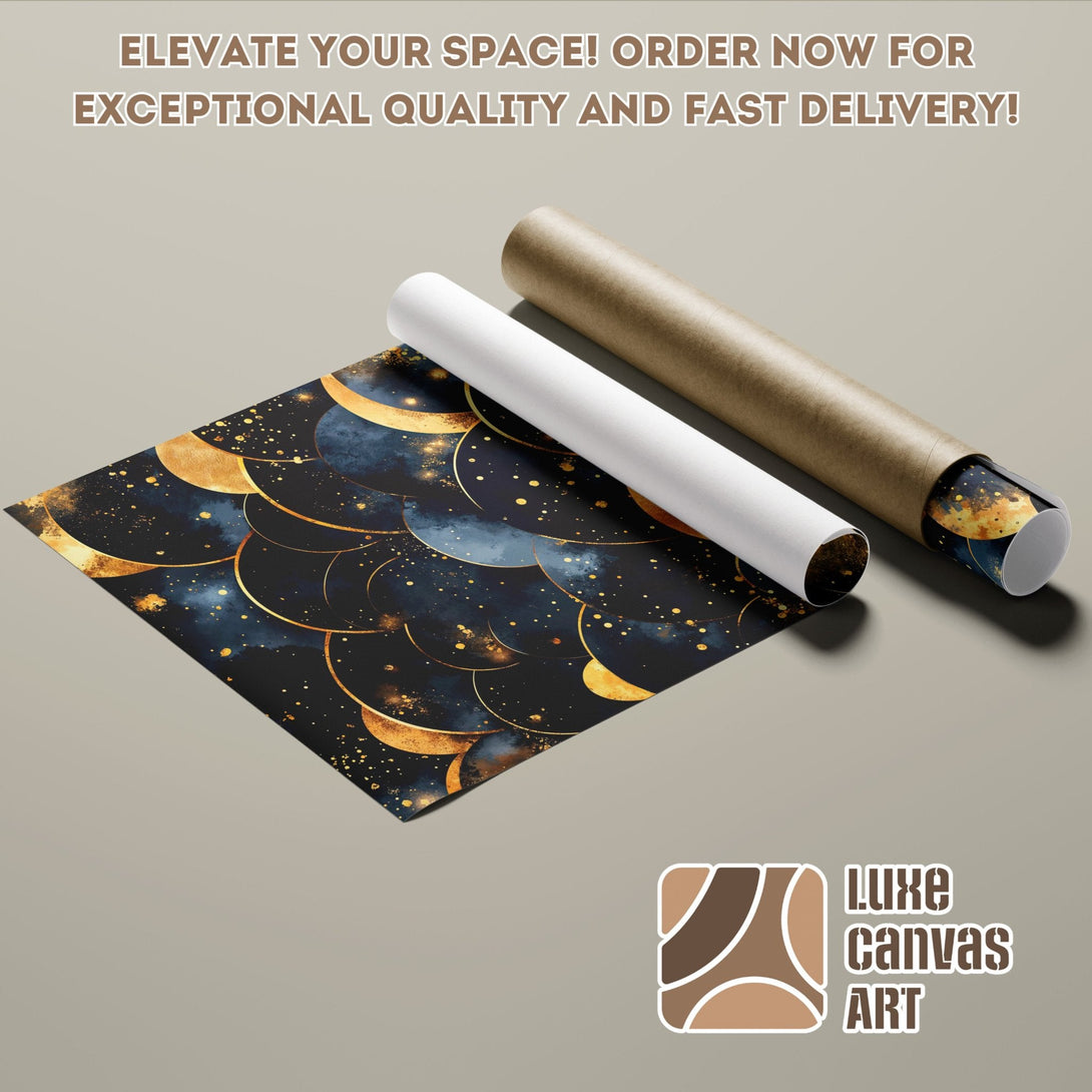 Abstract art poster roll in navy, gold, and black. Elevate your space!