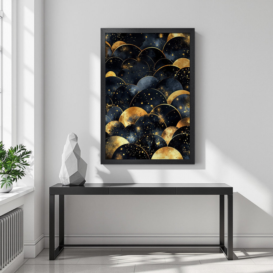 Framed Poster featuring abstract gold and navy design. Modern art print for home decor.