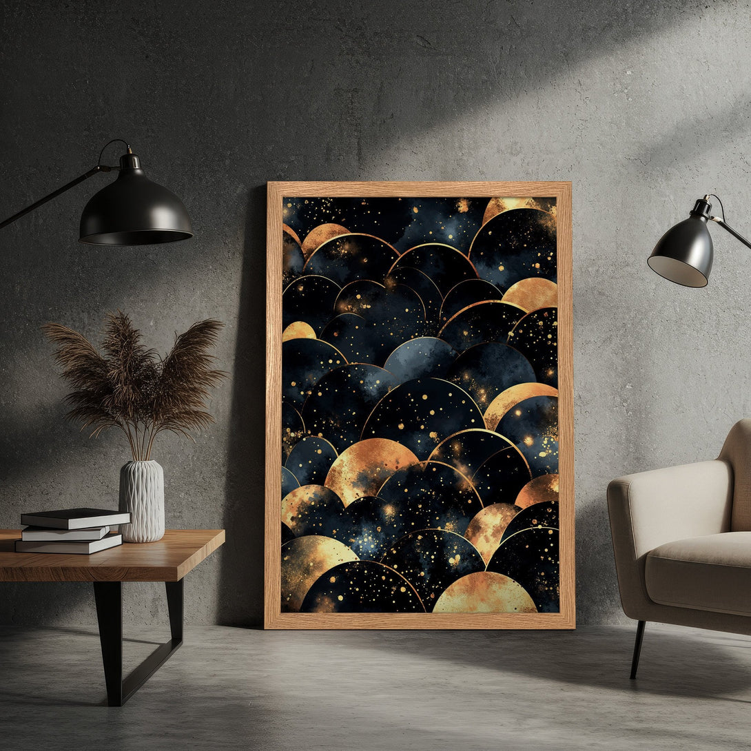 Framed Poster featuring abstract art with gold and navy hues. Modern style art print, perfect for home decor.