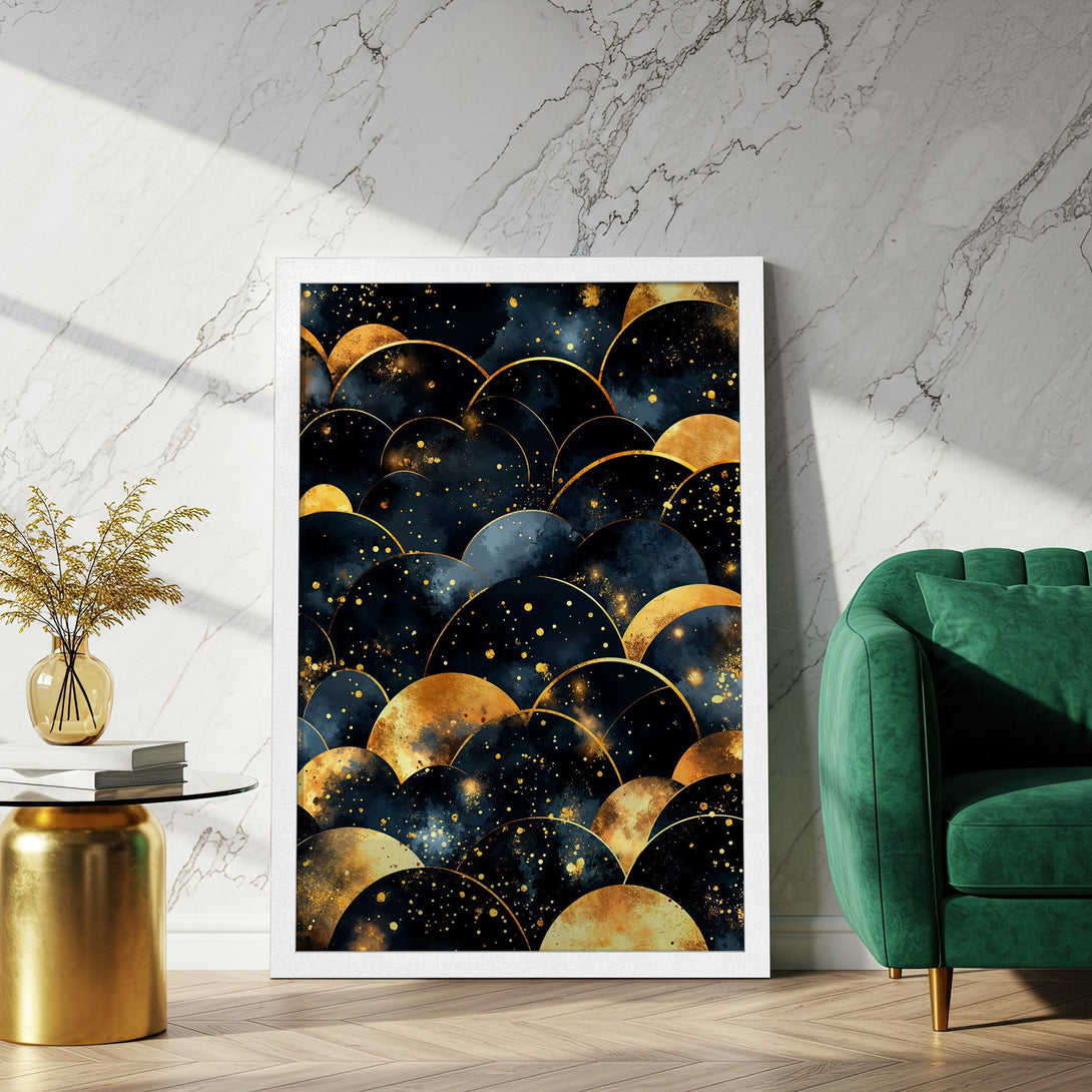 Framed Poster featuring abstract gold and navy art. Modern wall decor with a luxurious color palette.