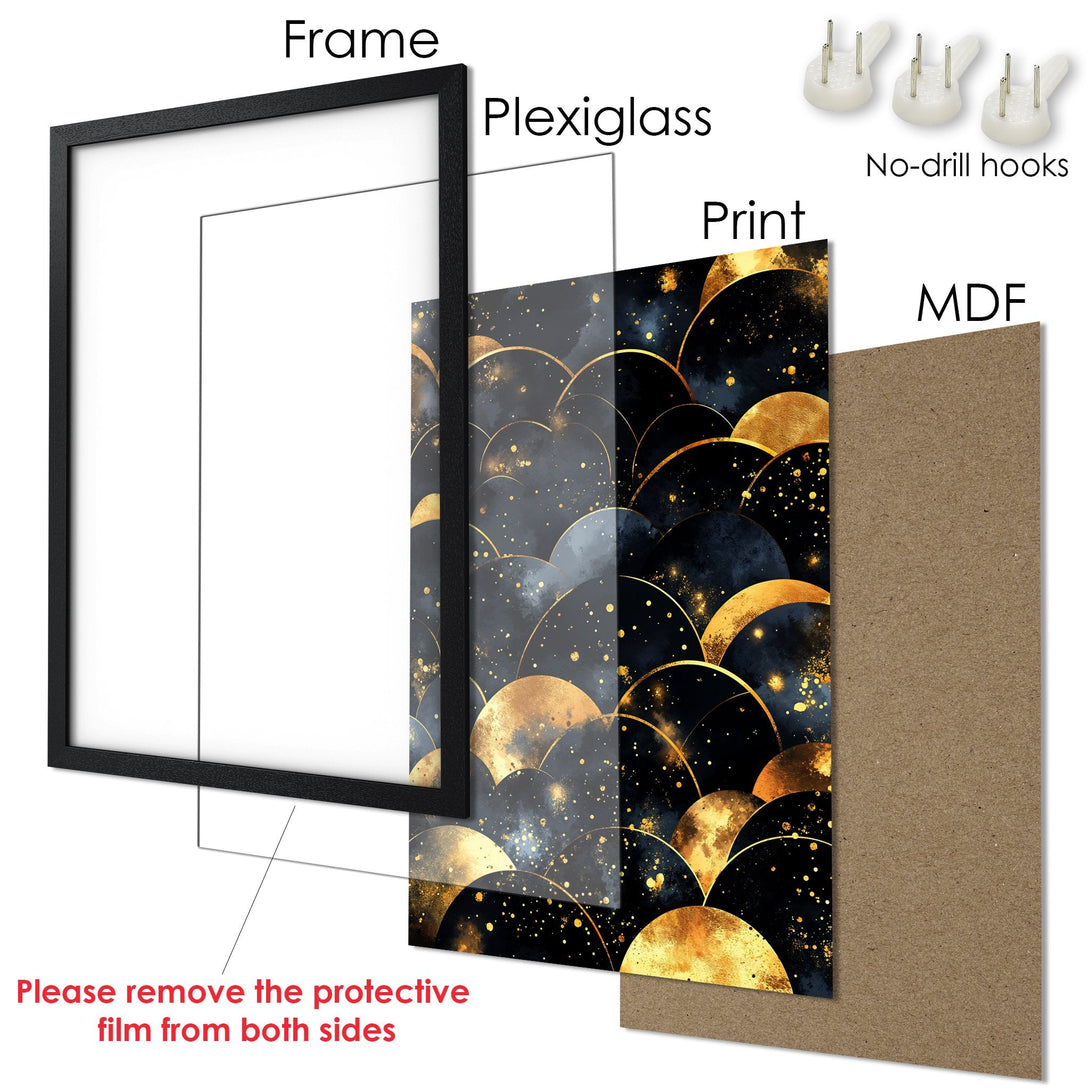 Framed Poster with abstract gold and black design. Modern art print with a dark, elegant color palette. Ready to hang wall decor.