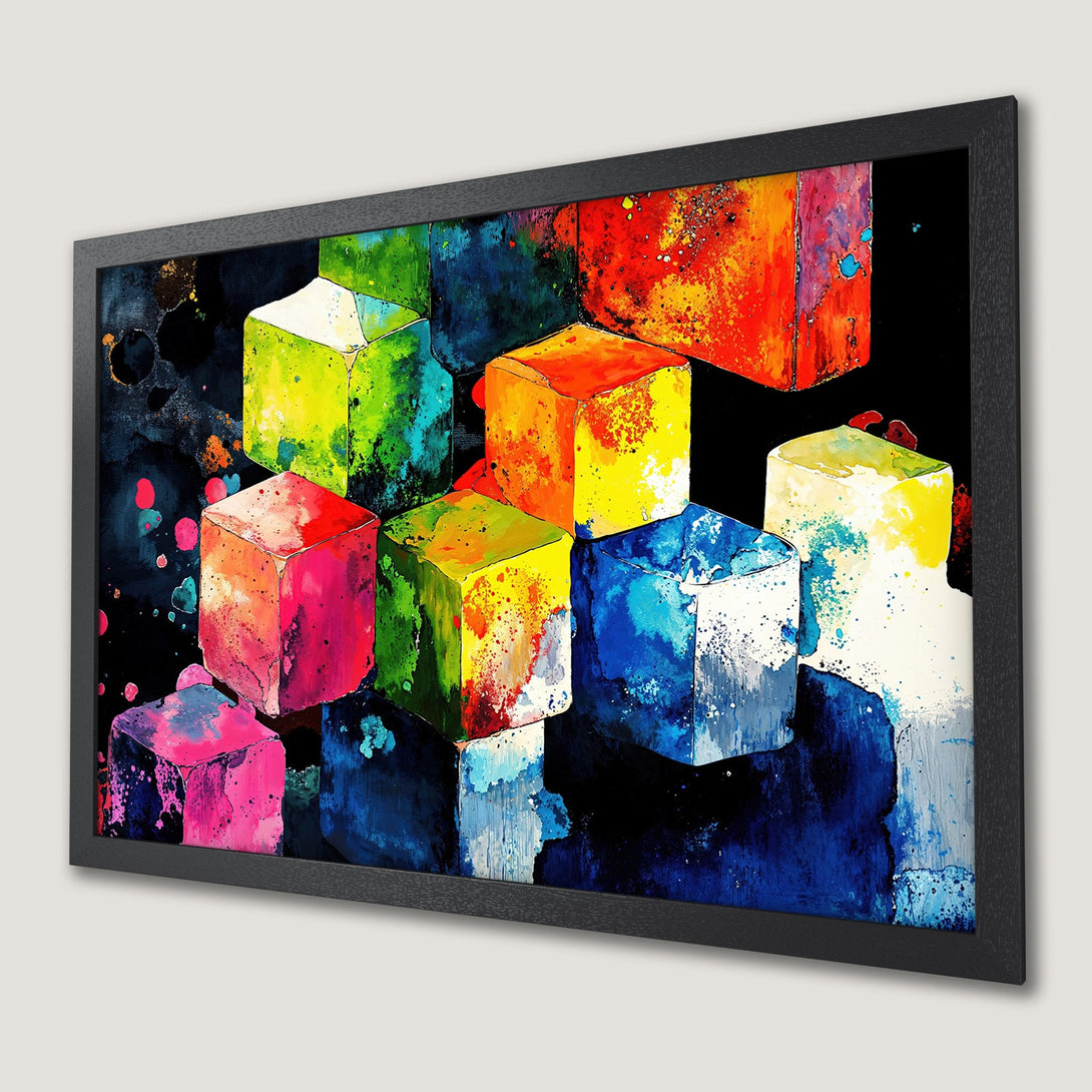 Framed Poster featuring abstract cubes in vibrant colors. Modern art style with a bold, colorful palette. Perfect wall decor.