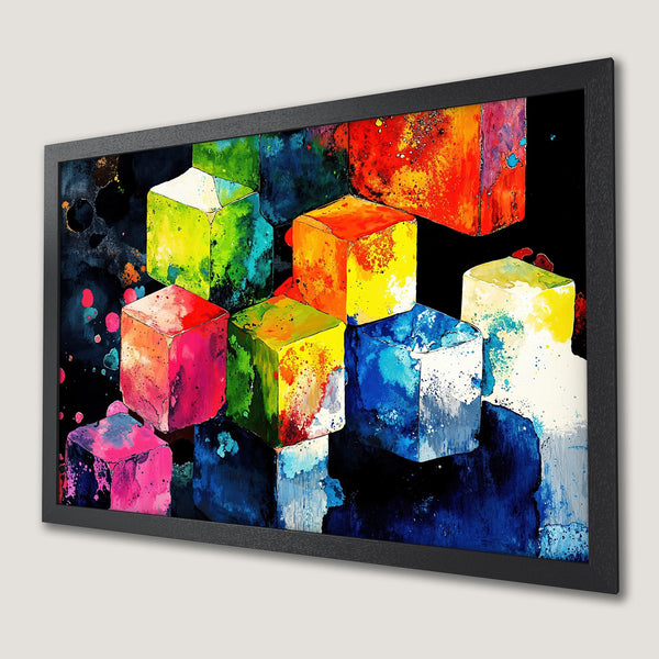 Framed Poster featuring abstract cubes in vibrant colors. Modern art style with a bold, colorful palette. Perfect wall decor.