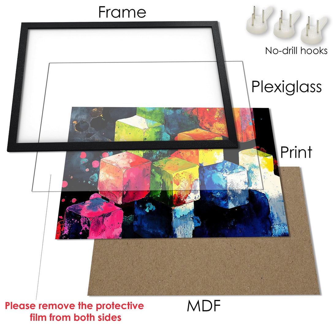 Framed Poster featuring abstract colorful cubes. Modern art style with a vibrant, multi-color palette. Ready to hang!