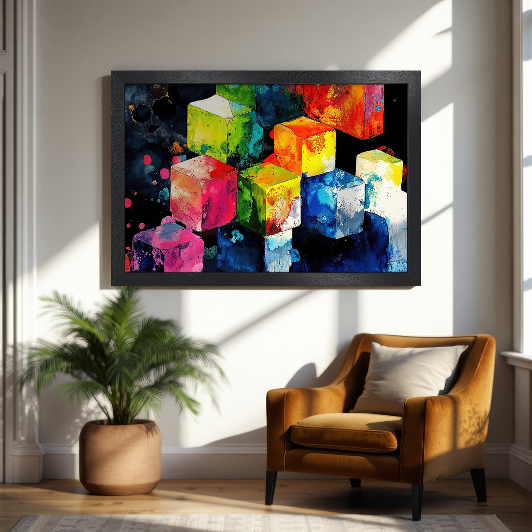 Framed Poster featuring colorful abstract cubes. Modern art style with vibrant rainbow palette, perfect wall decor.