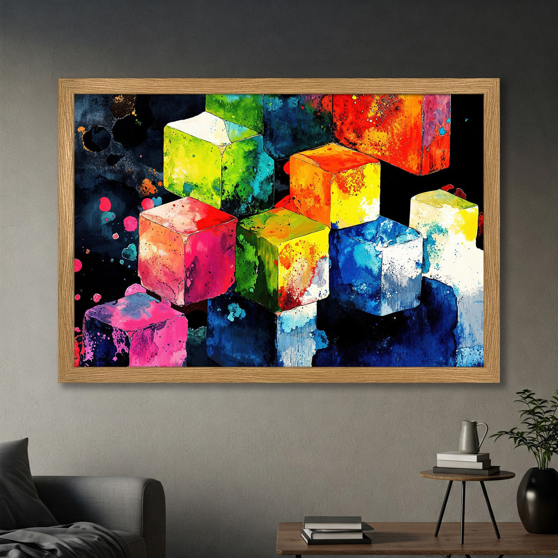 Framed Poster featuring vibrant abstract cubes in a colorful palette. Modern art print for home decor.