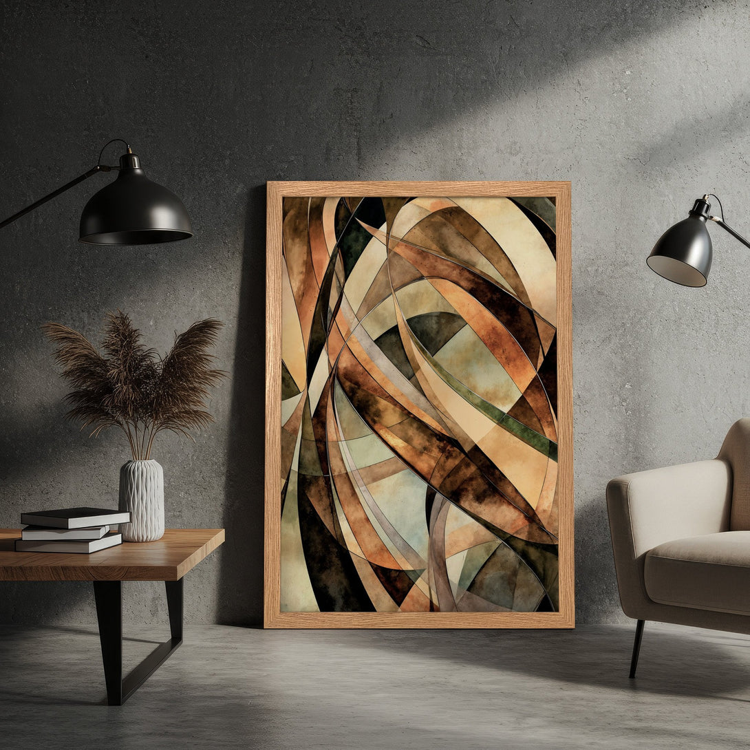 Framed Poster featuring abstract art in warm earth tones. Perfect wall decor for a modern, stylish home.