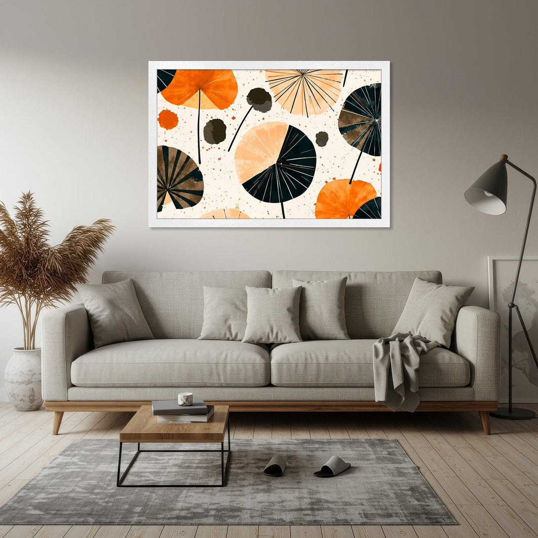 Framed Poster featuring abstract art with orange, black, and beige color palette. Modern style wall art for home decor.