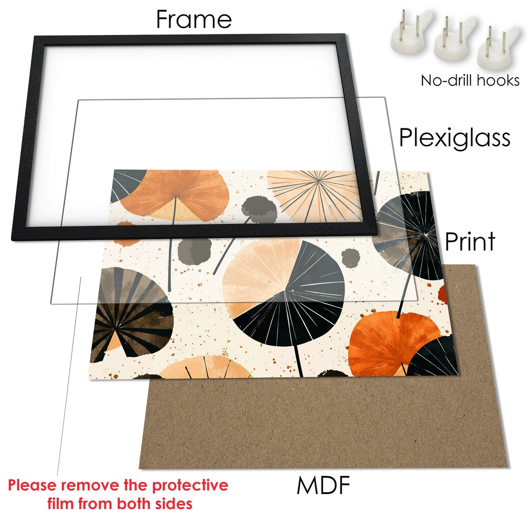 Framed Poster featuring abstract art with orange, black, and beige tones. Modern design, perfect wall decor.